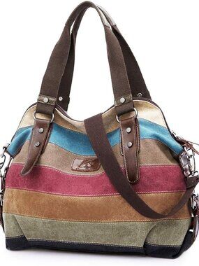 Canvas Handbag Multi-Color Striped Lattice Cross Body Shoulder Purse Bag Tote-Ha